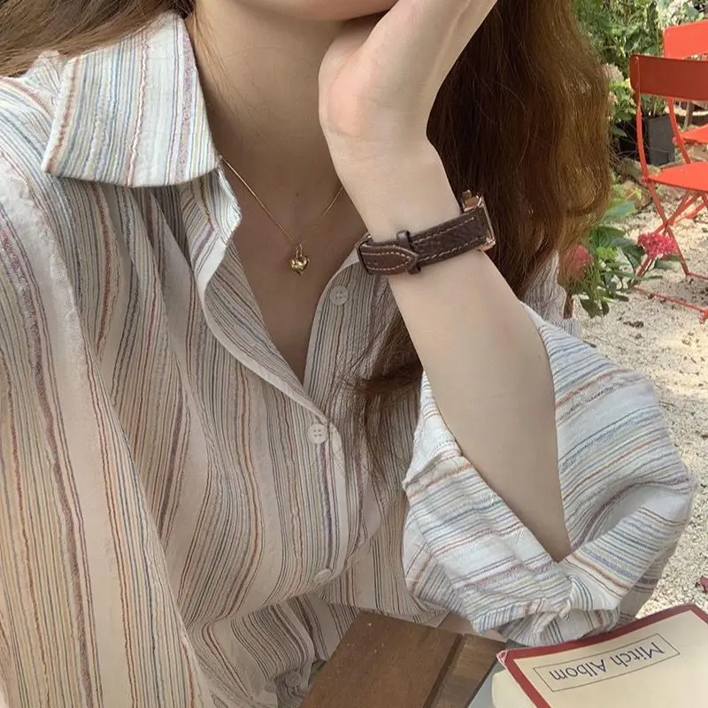 Casual Stripe Shirt Women's Outerwear Spring Summer New Loose Thin Long Sleeve Lazy Style Blouse Cotton Material Collar