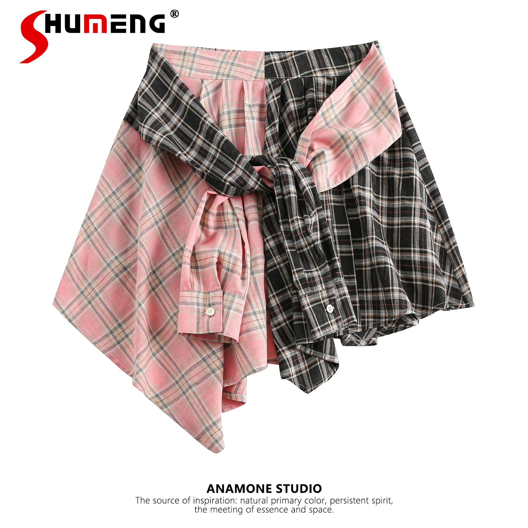 

Women's Plaid Stitching Irregular Pantskirt 2024 Spring New American Style Streetwear Sweet Skirt High-Grade Culottes for Woman