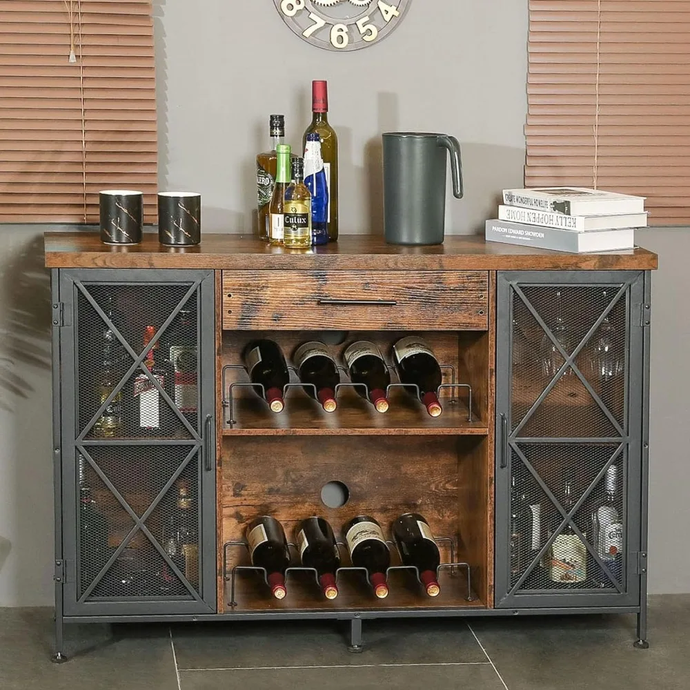 

Wine Bar Cabinet with Wine Rack and Glass Holder, Farmhouse Coffee Bar Cabinet for Liquor and Glasses, Industrial