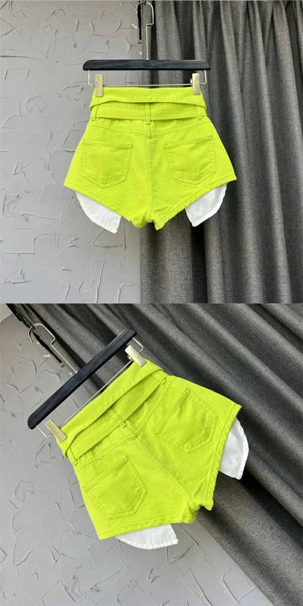 Korean Design High Waisted Wide Leg A-line Shorts Green Denim Hot Pants for Women Jeans