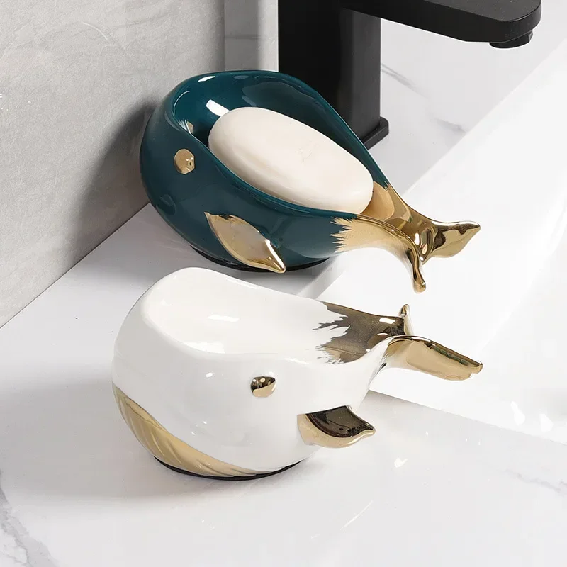 1pc Whale Shape Ceramic Portable Soap Dish Kitchen Bathroom Accessories Drain Soap Holder Storage Display Box Wedding Gift 2024