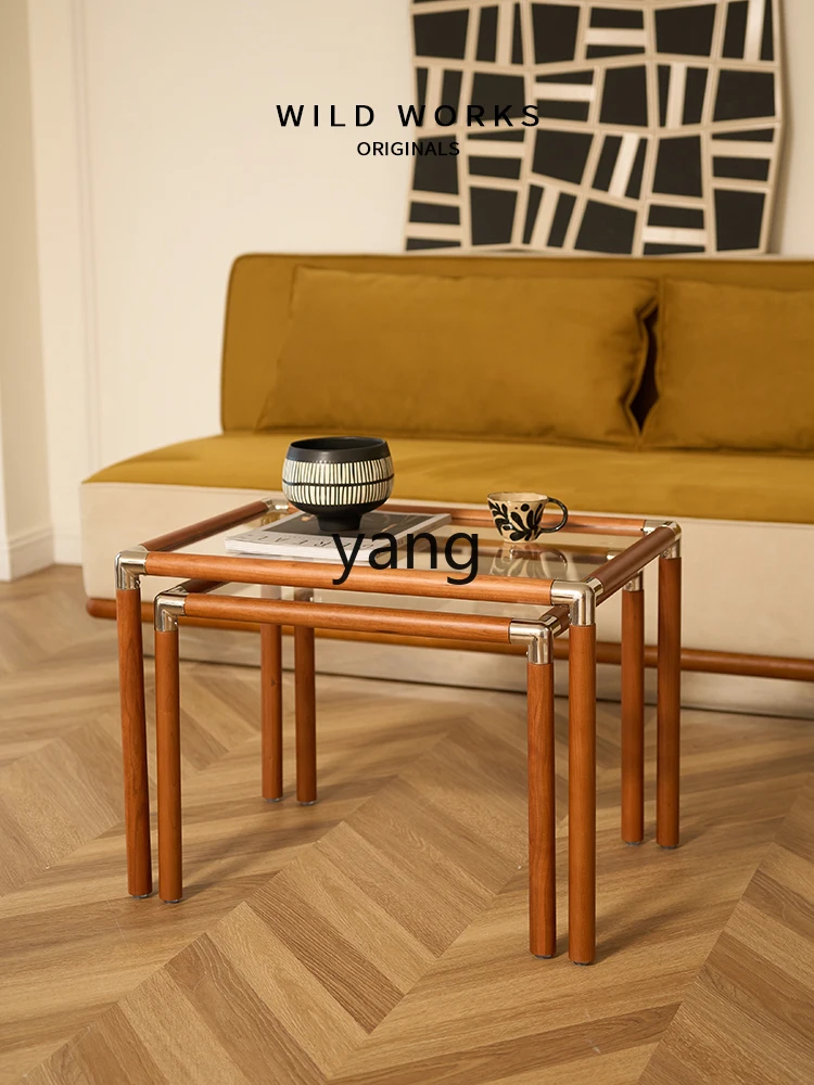 Yjq Glass Tea Table Combination Mid-Ancient Solid Wood Table Living Room Sofa Side Table Modern Classic Bauhaus