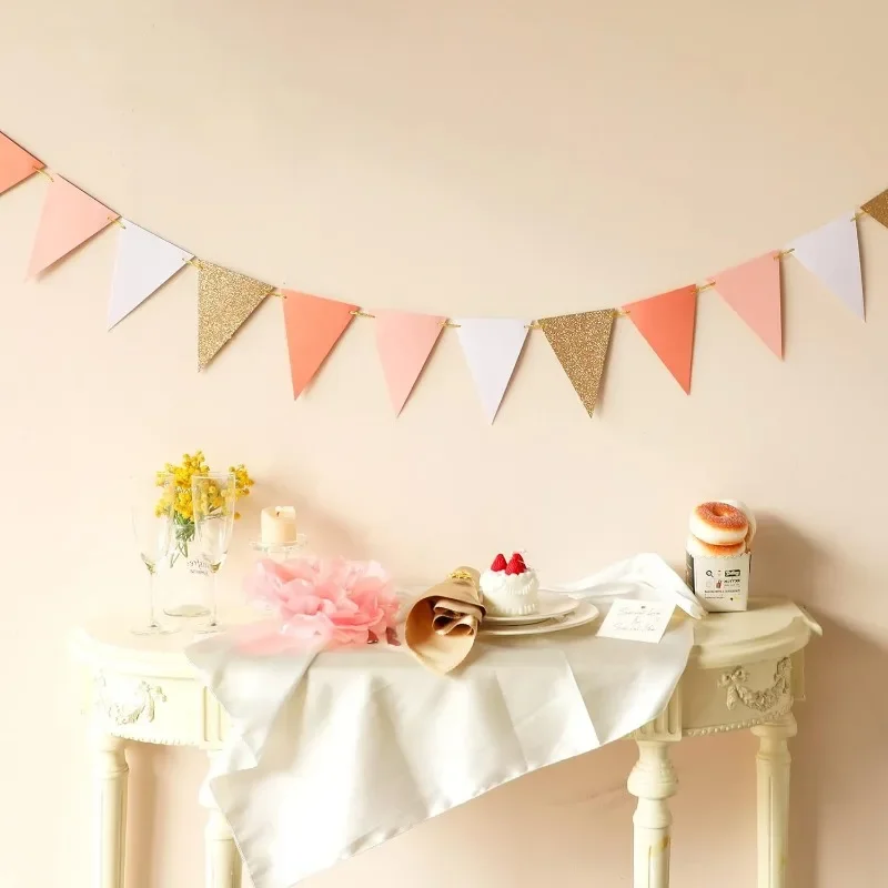 10ft Vintage Pennant Banner Rose Gold Pink Party Decorations Paper Triangle Flags Bunting for Boho Baby Shower Girl Room Nursery