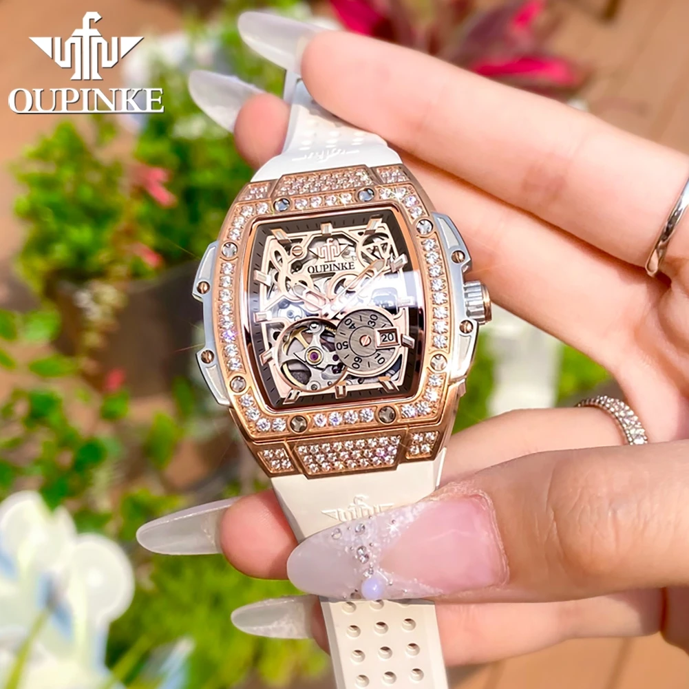 OUPINKE 3220 Flywheel Skeleton Mechanical Watch For Women Diamond Luxury Silicone Strap Wristwatch Sapphire Mirror Dress Watch