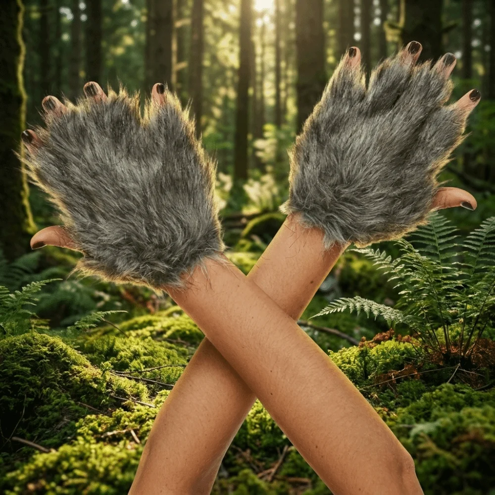 Material Werewolf Paw Mitten Hairy Gray Color Halloween Costume Gloves Fluffy Texture Lolita Cosplay Wolf Claws Carnival Party