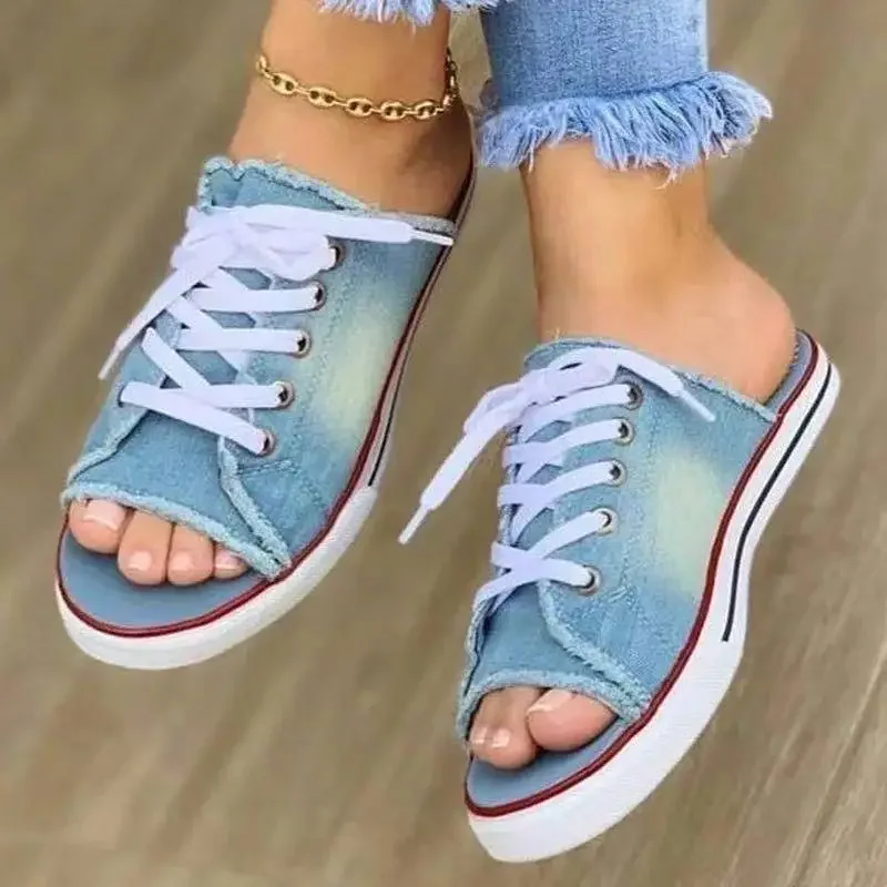 Ladies Slippers Canvas Lace-up Open-toed New Flat-Bottom Casual Women Fashion Denim Beach Shoes 35-43