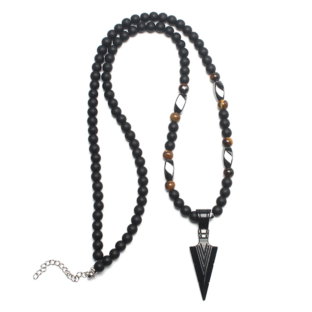Cool 6mm Matte Black Round Beads Slivery Golden Color Arrow Pendant Necklace for Men Handmade Jewelry Gift