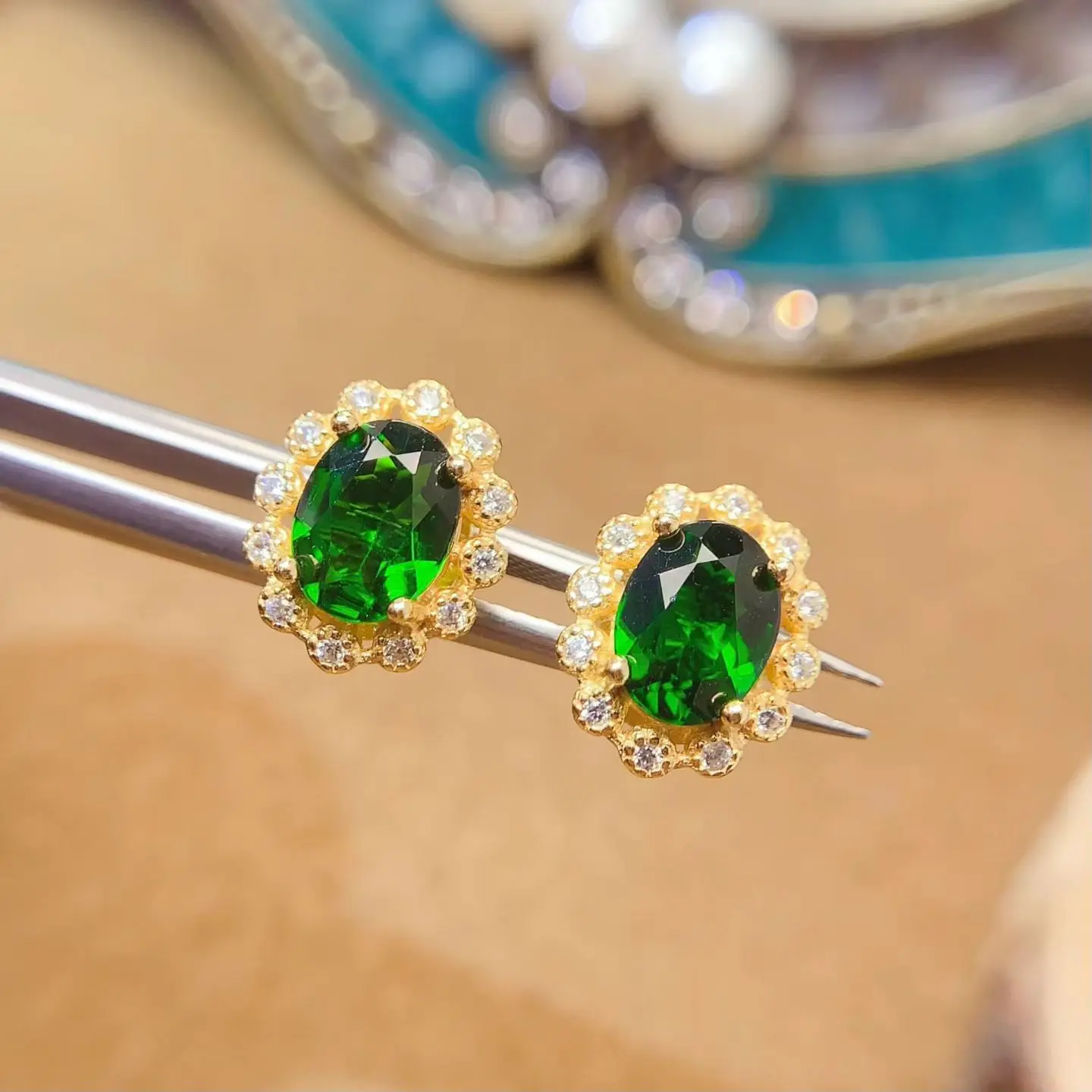 Classic 925 Silver Stud Earrings Natural Diopside Earrings 6mm*8mm 2ct Genuine Diopside Silver Earrings with 18K Gold Plating