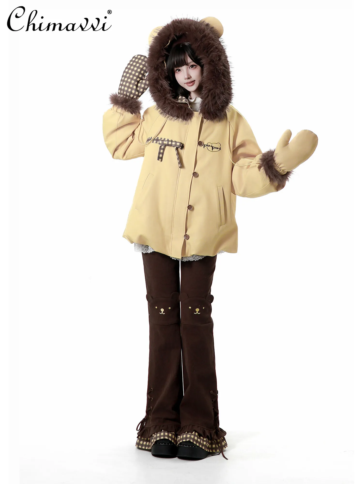 일본 스타일 귀여운 소녀 긴 소매 후드 퍼프 코튼 재킷 슬림 플레어 팬츠 겨울 신상 달콤한 여성 학생 긴 바지 세트