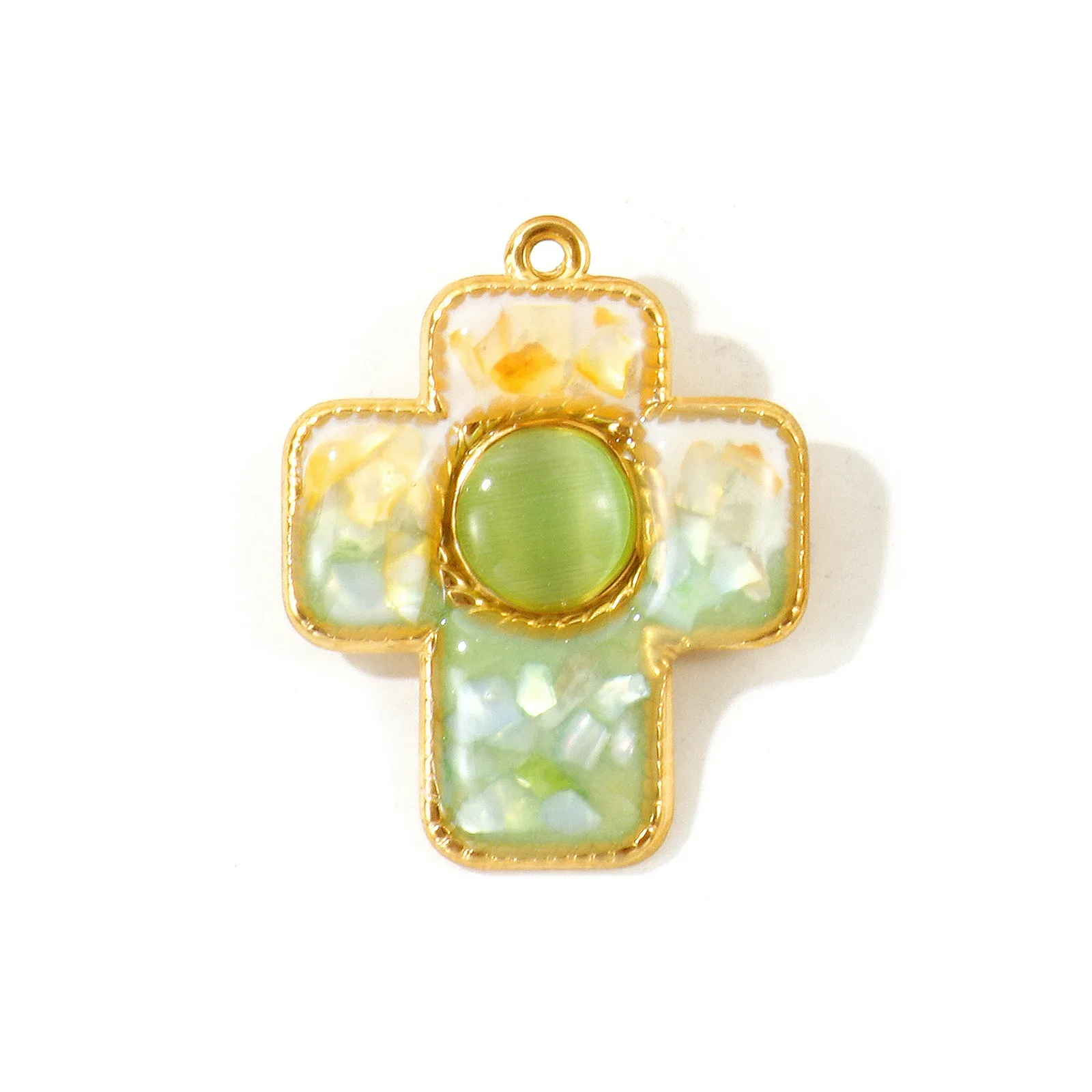 1 Stück Mehrfarbiger Naturmuschel-Anhänger 18K Vergoldetes Kreuz Synthetisches Katzenauge Charms für DIY Halskette Schmuckherstellung Großhandel – Detail 6