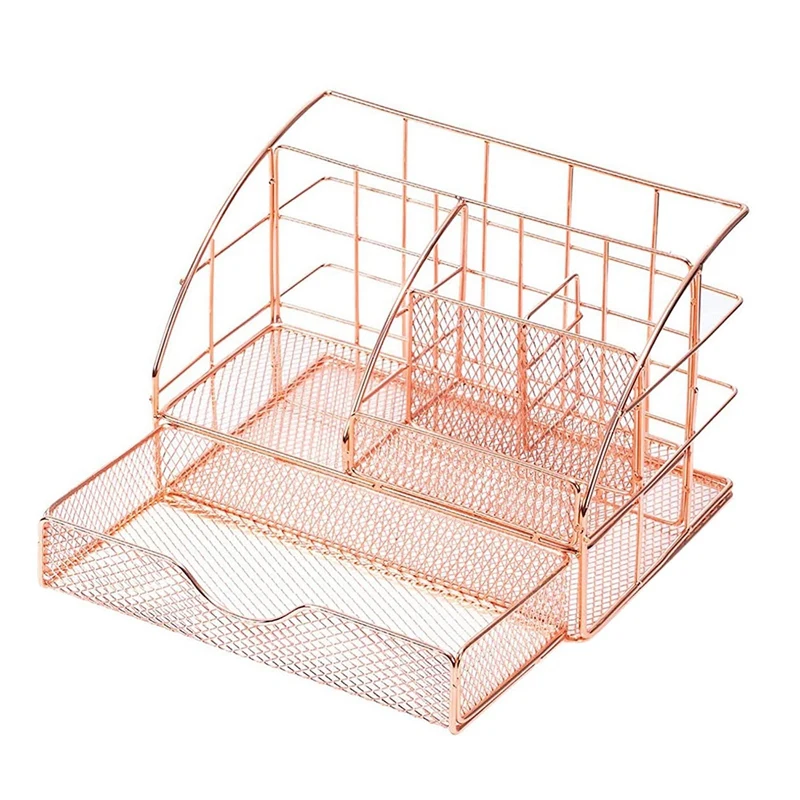 

Desk Mesh Collection Organizer,Desktop Pen Holder Caddy With 5 Compartments&1 Drawer For Office&Home