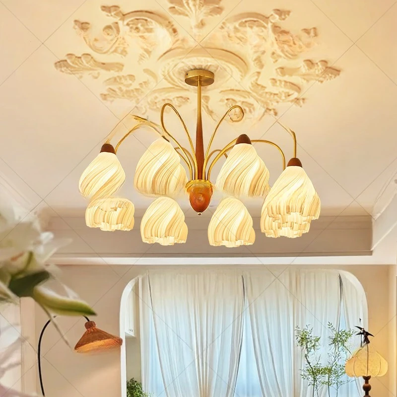 Medieval style living room chandelier cream style petal bedroom light American retro rubber solid wood dining room lamp