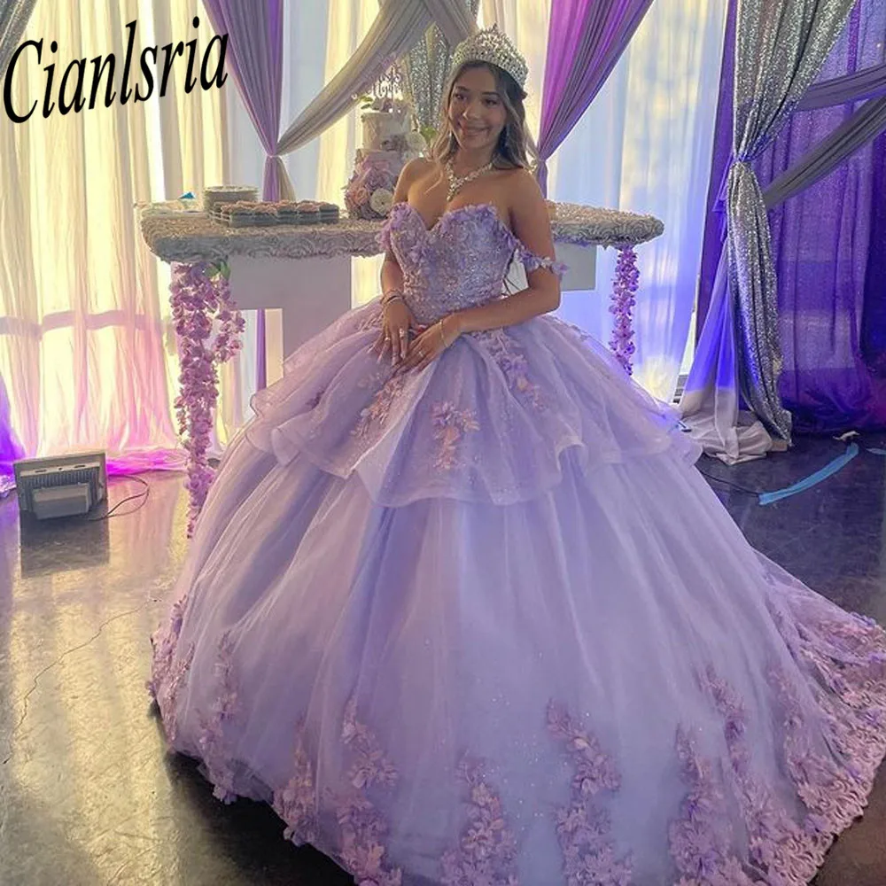 

Сиреневое бальное платье, платья для Quinceanera, платье с открытыми плечами, шнуровкой сзади, аппликацией из бисера, женское платье 15 лет