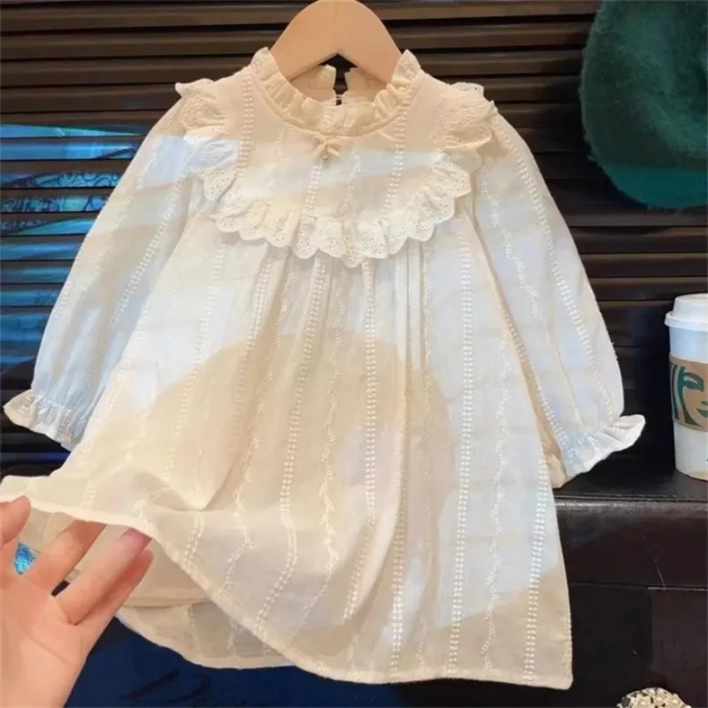 

2025 Autumn New Style Girl's Dress with Stylish Lace Collar Long Sleeve Dress for Baby Girls Solid Color Princess Dress
