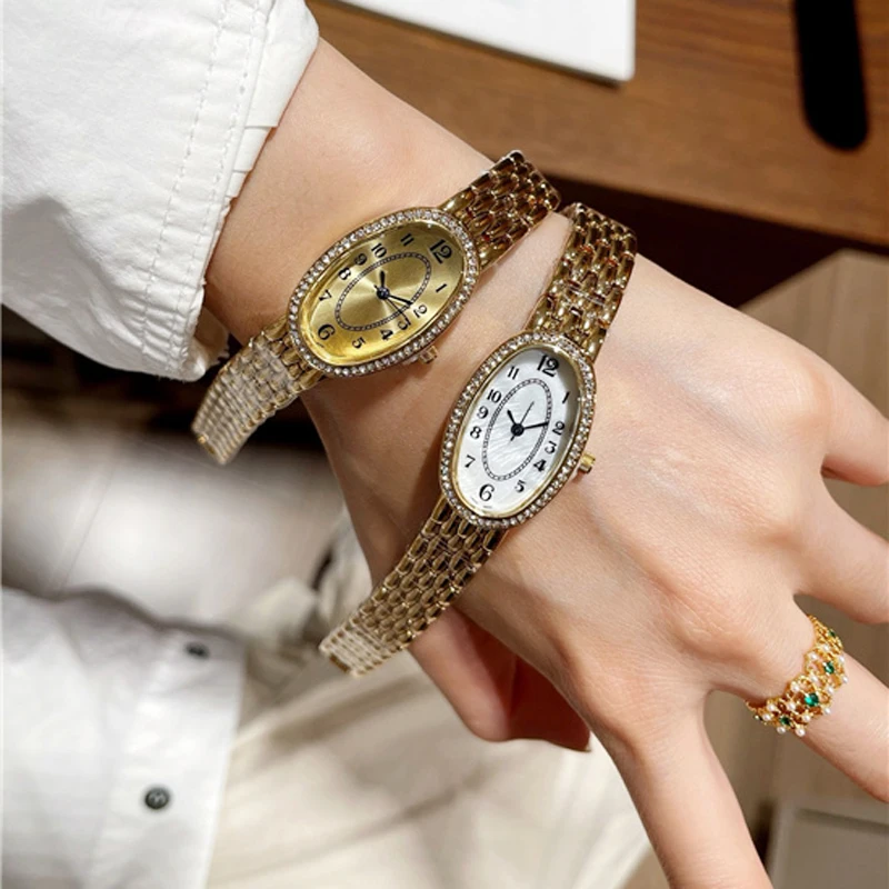 Fashion Brand Wrist Watches Woman Girl 21mm Oval Crystal Style Quartz Steel Metal Band Luxury Clock Lo07