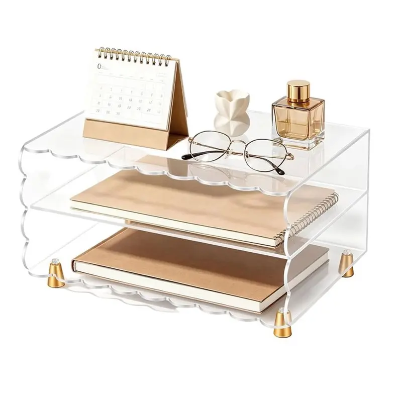 B50B-Scalloped Edge Acrylic Desk Organizer, Gold Metal Feet Paper Letter Tray, Top Display Design,Space Saving