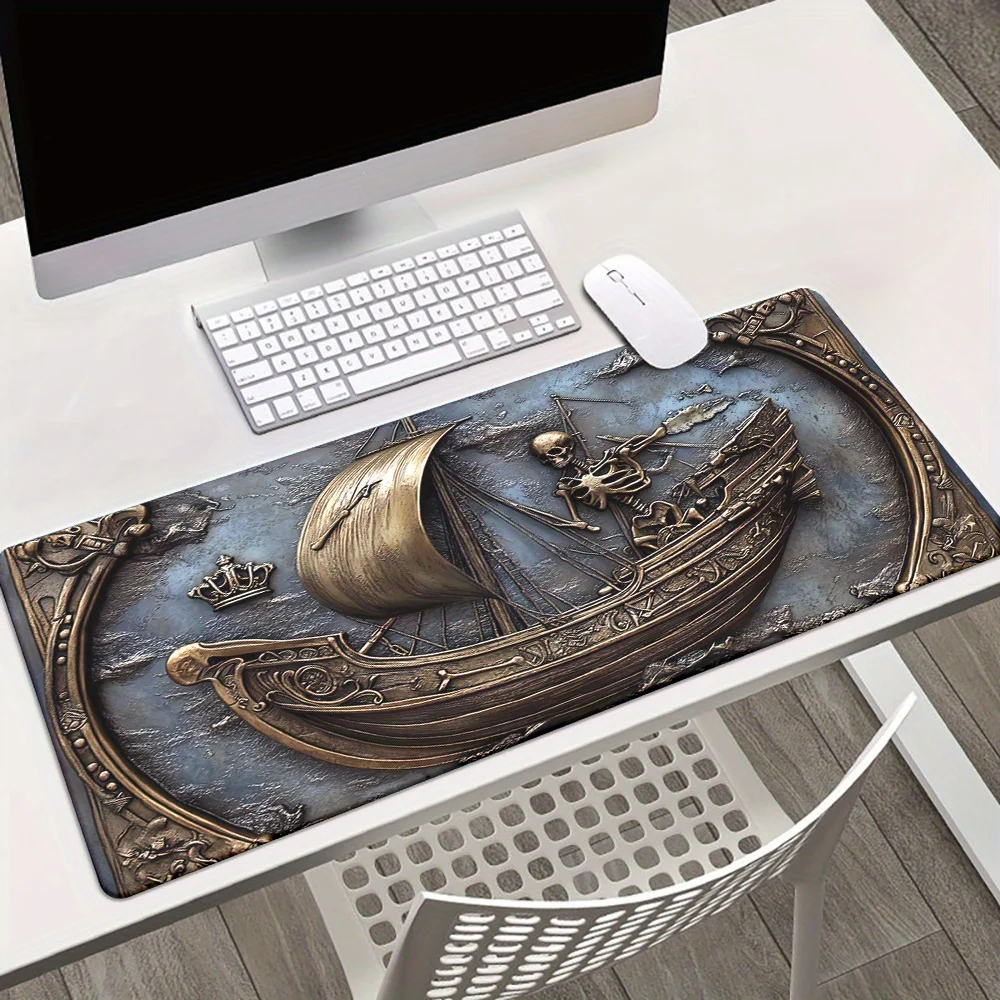 Skeleton Pirate Ship Gaming Mouse Pad Large Non-Slip Rubber Desk Mat Nautical Artwork
