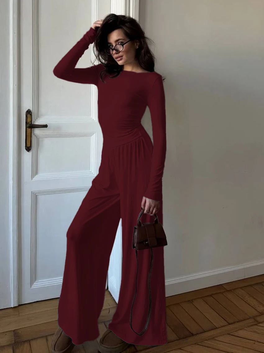 Marthaqiqi Home Clothes Female Long Sleeve Nightgowns Crop Top Pajamas O-Neck Nightwear Pants Casual Women Sleepwear 2 Piece Set