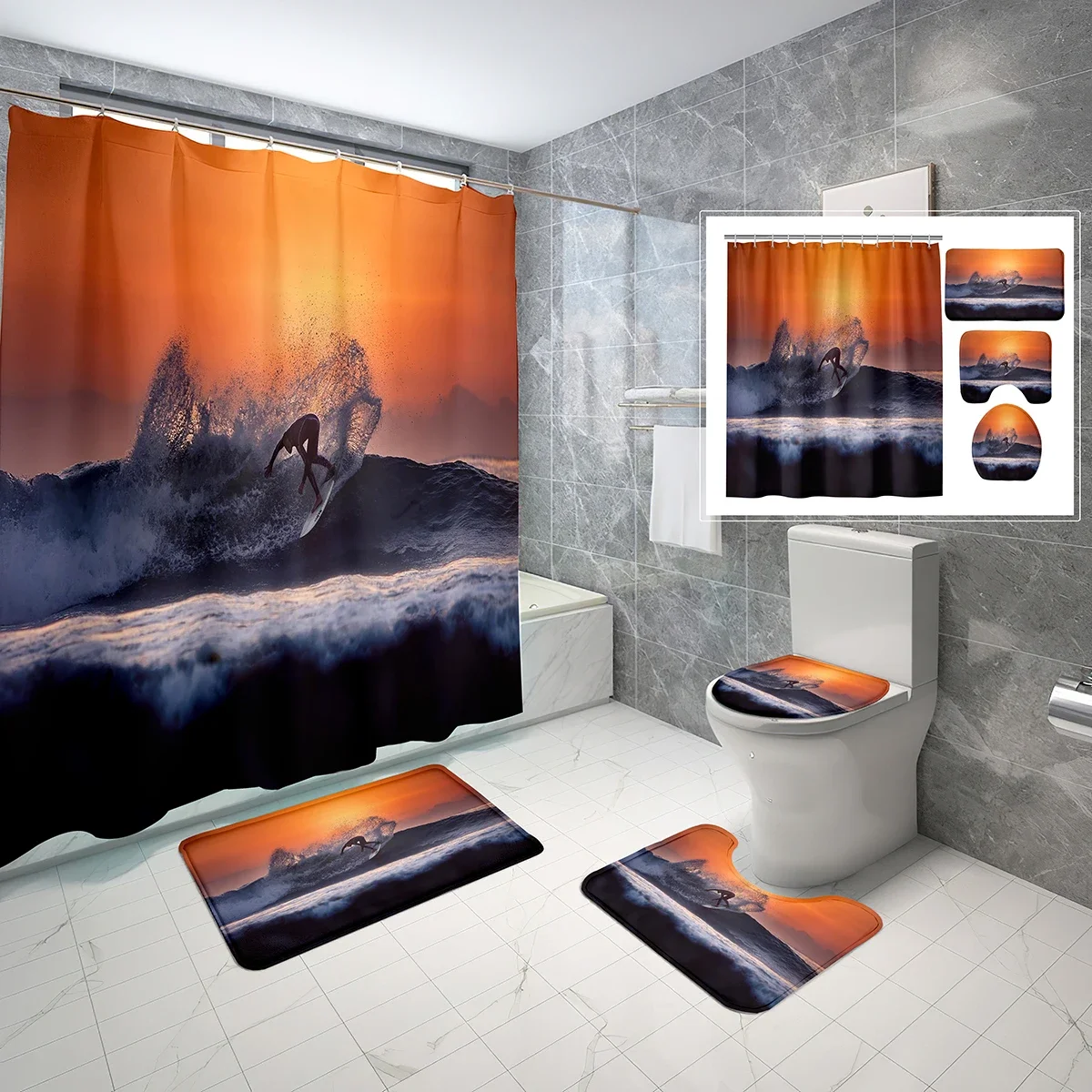 Surfing Shower Curtain Sets 4 Pcs with Non-Slip Rugs,Toilet Lid Cover,Creative Surf Sunset Waterproof Decor Shower Curtain Set