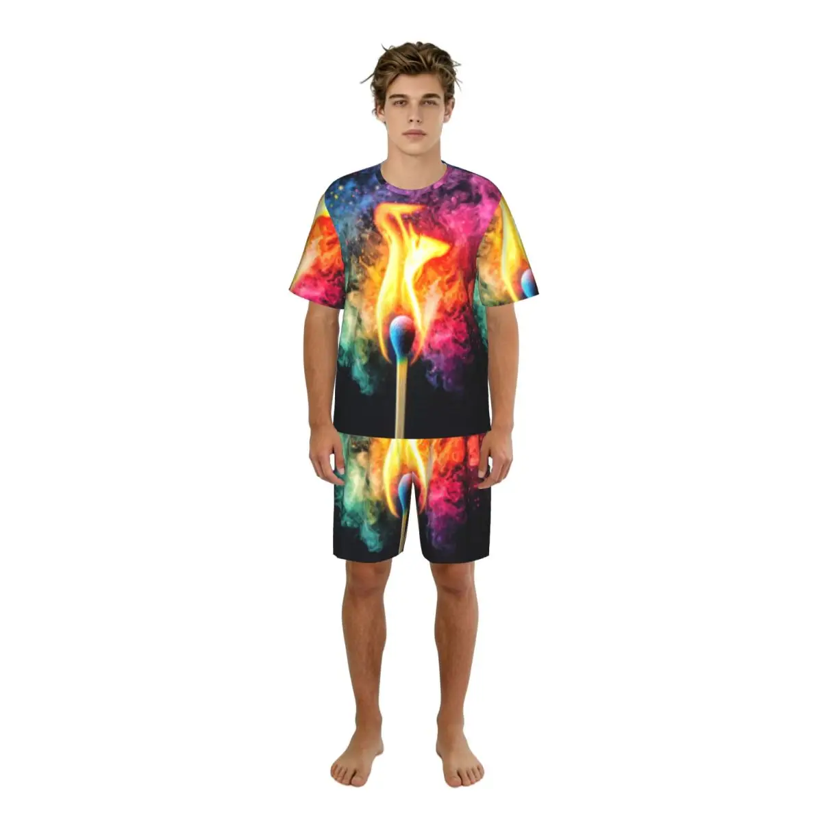 Men's Pajama Set Short Sleeve Top + Shorts Colorful Smoke Fiery Loungewear Comfortable Night Suit