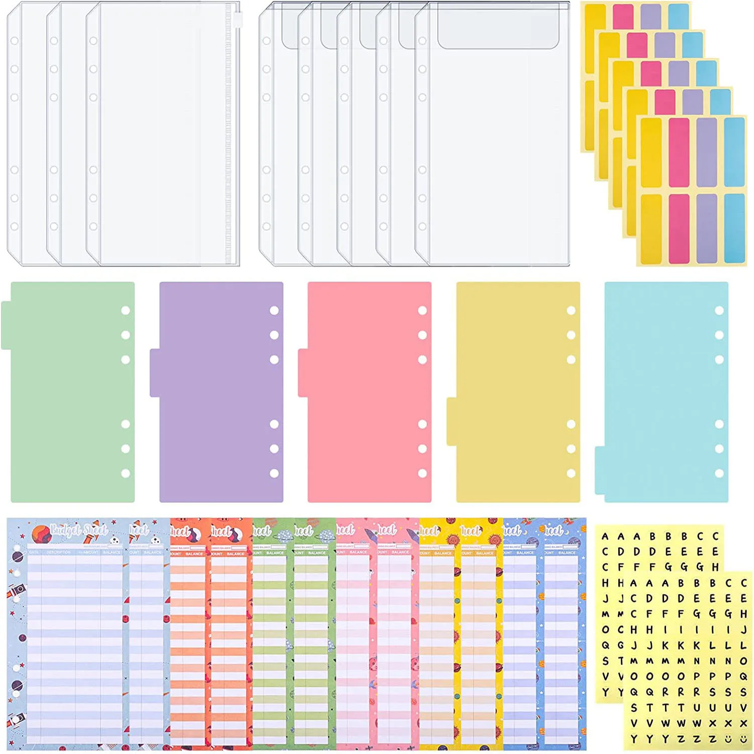 32 Pcs A6 Binder Pockets Card Bags with 5 Color Binder Divider, Expense Budget Sheets and Label Stickers for A6 Binder Notebook