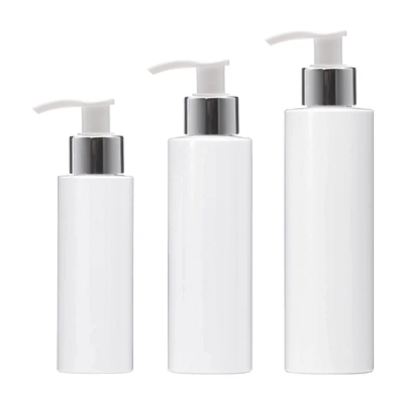 

25Pcs Empty Bottle White Plastic Shiny Silver Collar 100ML 150ML 200ML Lotion Pump Refillable Cosmetic Packing Container Bottle