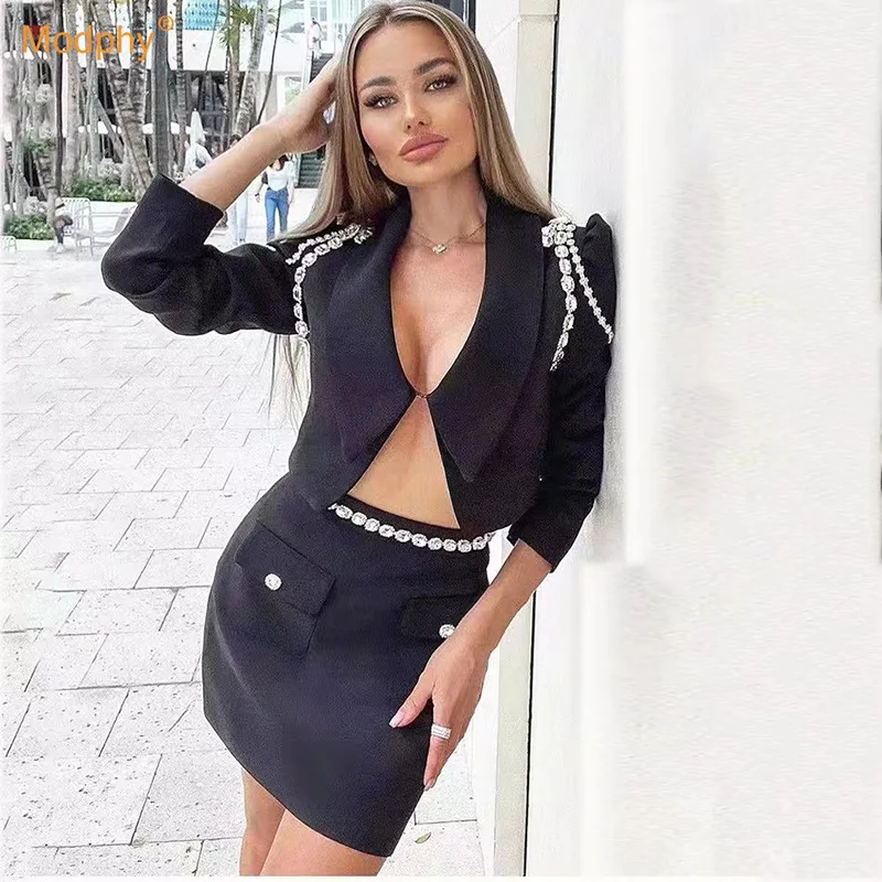 Spring 2023 Bandage Women\'s New Two-Piece Lapel Nail Rhinestone Long Sleeve Small Suit Jacket   High Waist Skirt