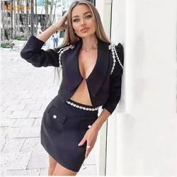 Spring 2023 Bandage Women's New Two-Piece Lapel Nail Rhinestone Long Sleeve Small Suit Jacket   High Waist Skirt