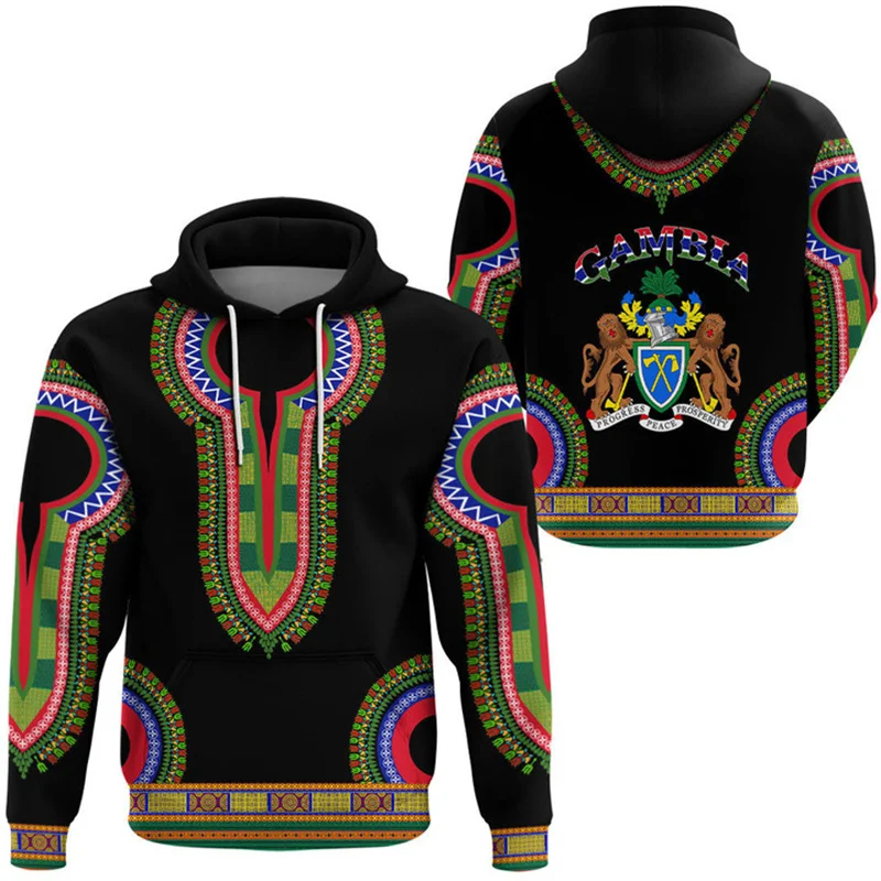 Fashion 3D The Republic-of The Gambia Flag Printing Hoodies Gambia Coat Of Arms Graphic Hooded Hoody Mens Clothing Pullovers Top