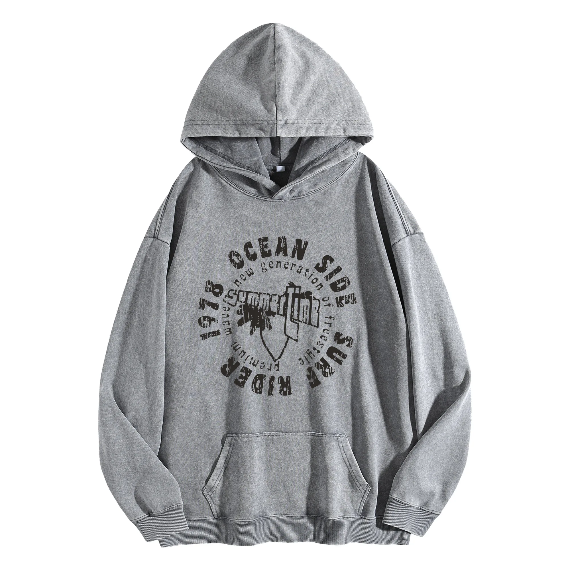 OCEAN SIDE طباعة جرافيك 400G خمر غسلها هوديي للجنسين المتضخم الشارع الشهير البلوز مجموعة الخريف/الشتاء
