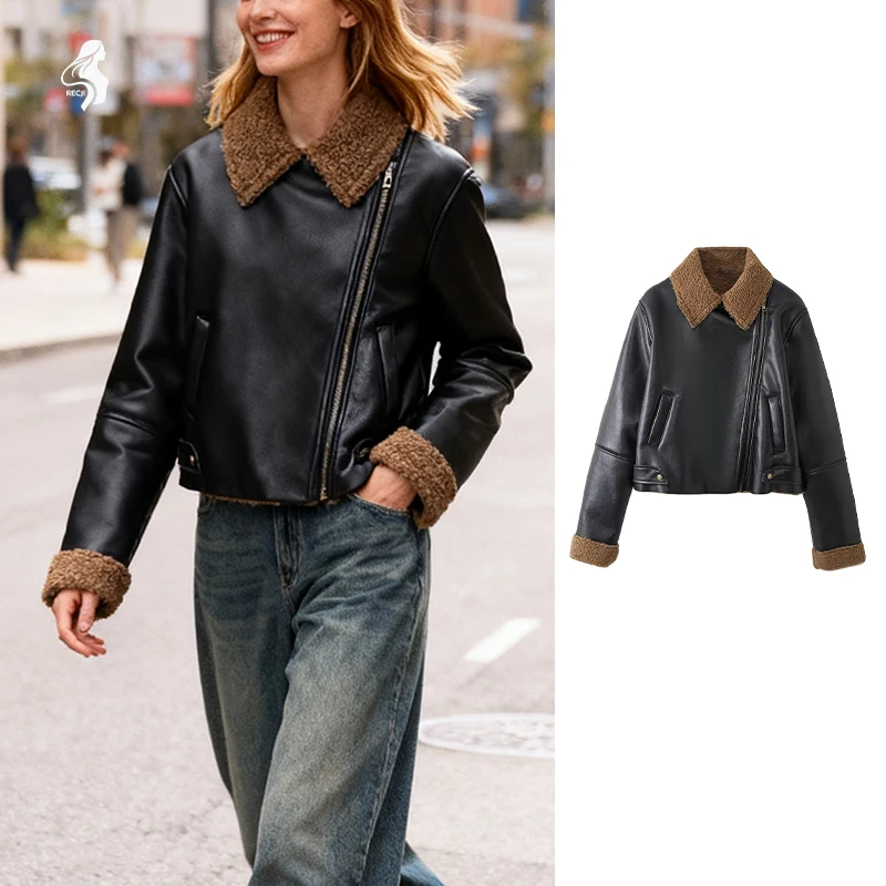 

Womens Motorcycle Jacket Asymmetrical Zip Short Style Fall Winter Warm Leather Patchwork Jacket Woman Clothes Trafizaran