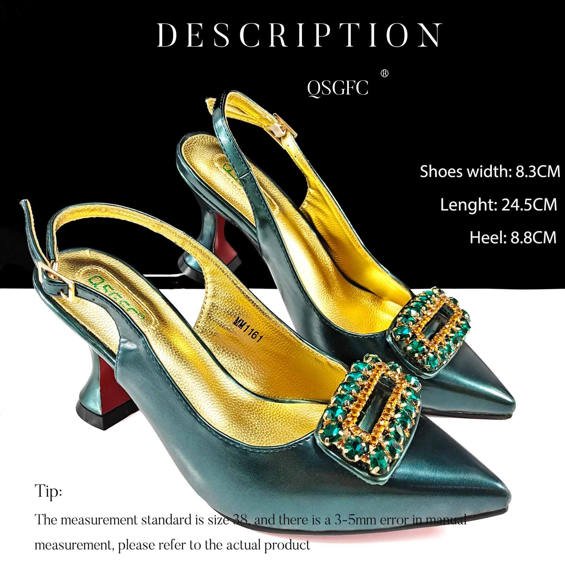 New Arrival Green Color Rhinestone Design Mature Style Party Wedding Pointed Toe High Heel Women Shoes and Bag Set