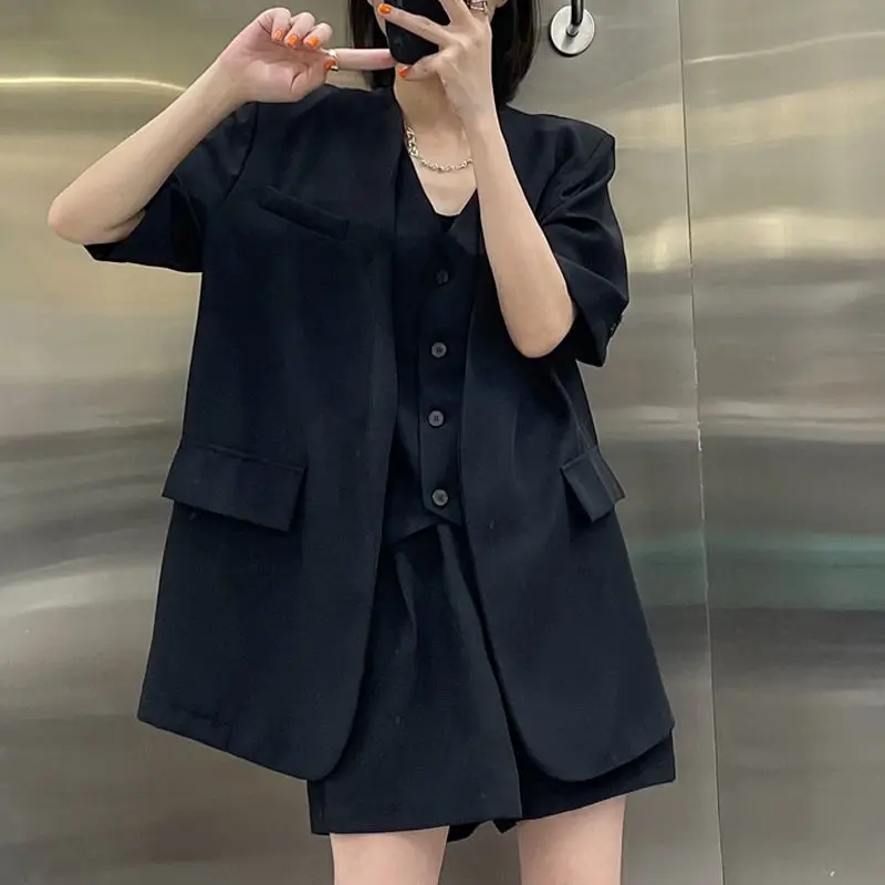 Women\'s 2024 Summer New Fashion Fake Two Piece Short-sleeved Blazers Jacket+High Waist Shorts Matching Set Korean Elegant Suit