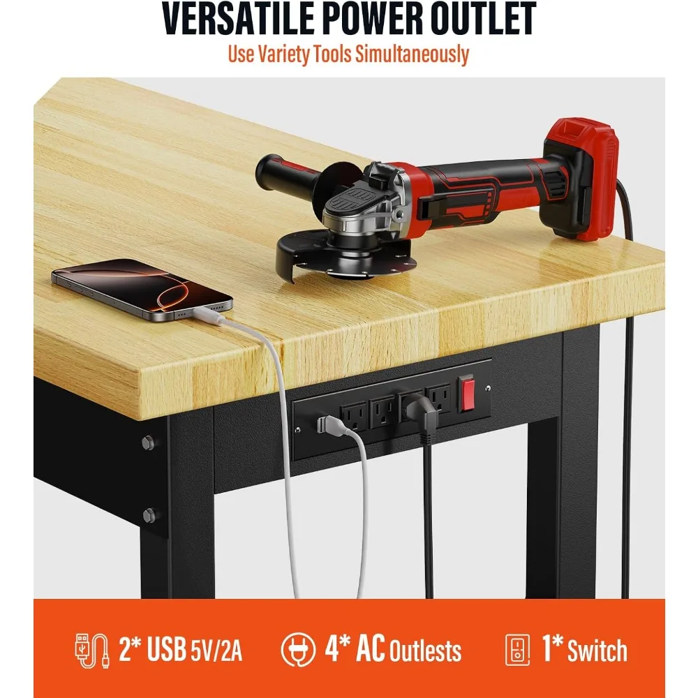 60" Adjustable Work Bench,Hardwood Top Garage Work Bench Table,Heavy Duty 2000 LBS Load Worktable,Rolling Mobile Workbench