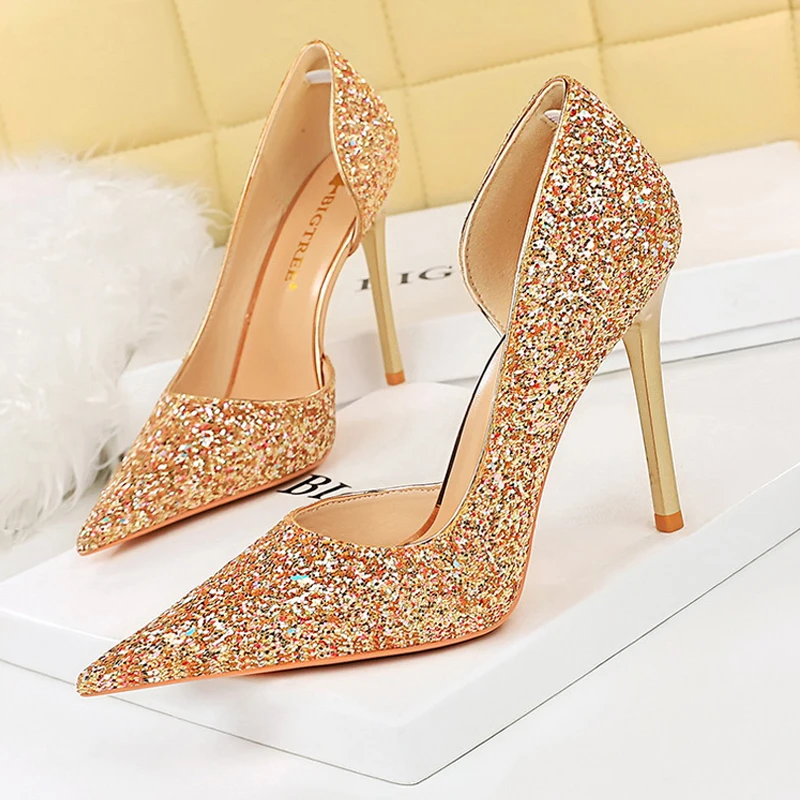 BIGTREE New Women Pumps Sequin Cloth High Heels Fashion Wedding Shoes Stilettos Sexy High-heeled Shoes Women Large Size 41 42 43