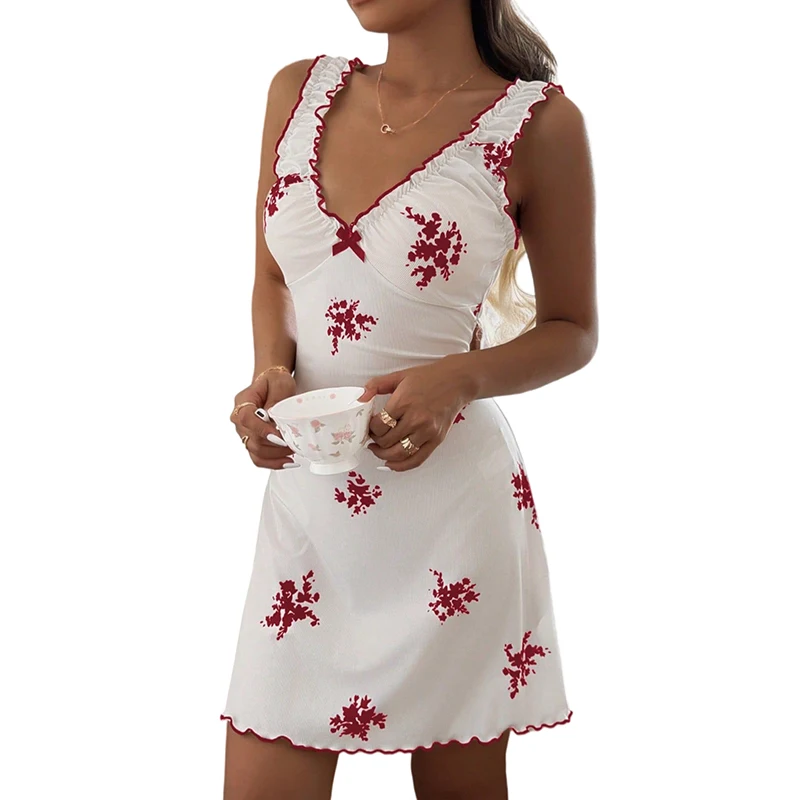 Women's V-Neck Ruffles Loungewear Dress Sleeveless Floral Print Bow Decor Sweet Pajamas Casual Comfort Daily Home Dress