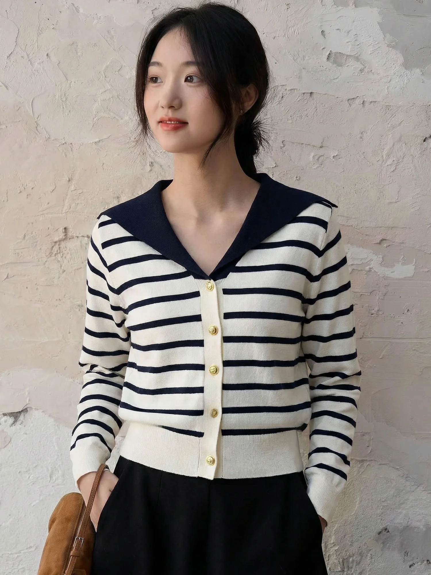 

Chivirin Navy Collar Knitted Cardigan Women's Slim Fit Casual Commute ort Length Soft Polyester Blend Spring Season