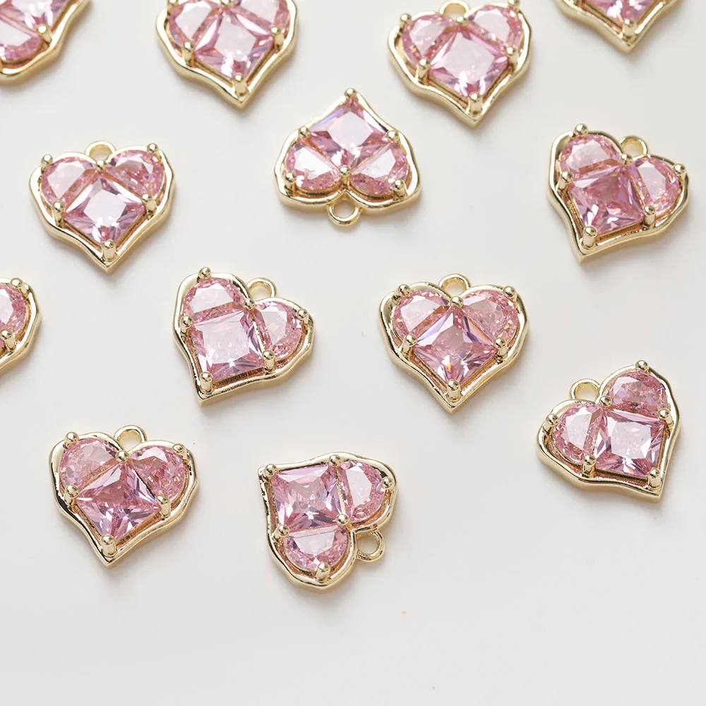 2PCS Sweet Pink Zircon Love Heart Pendant 14K Gold Plated Jewelry Making Supplies For Necklace Accessories