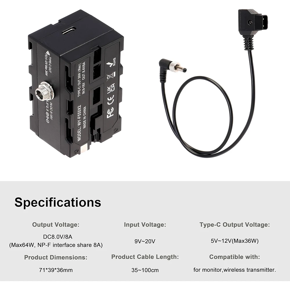 FOTGA Dual-Side NP-F Dummy Battery Adapter NP-F550/F750/F970 for Camera Monitor Wireless Transmitter D-tap to DC 5.5*2.5mm Cable