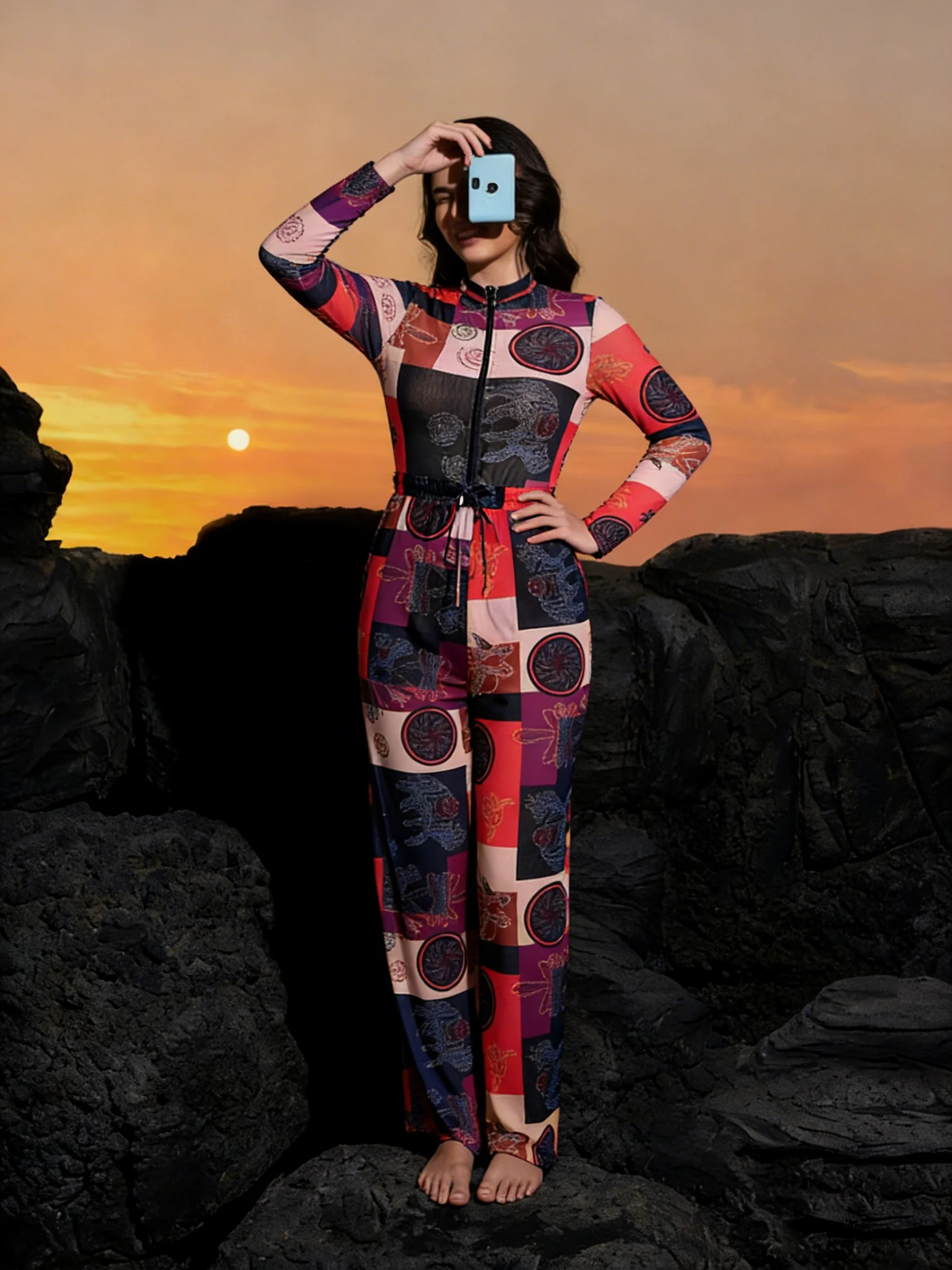 

Купальник-боди с длинными рукавами и принтом для женщин, защита от солнца, 2026, спортивный, для плавания, пляжный, с шортами