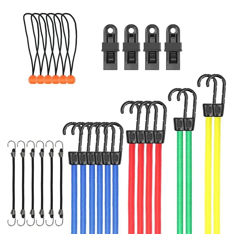

ABLJ Camping Rope Kit- Premium Bungee Cords 30 Pieces Assorted Jar With 4 Clips, 6 Bungees, And Ball-End Straps Usage