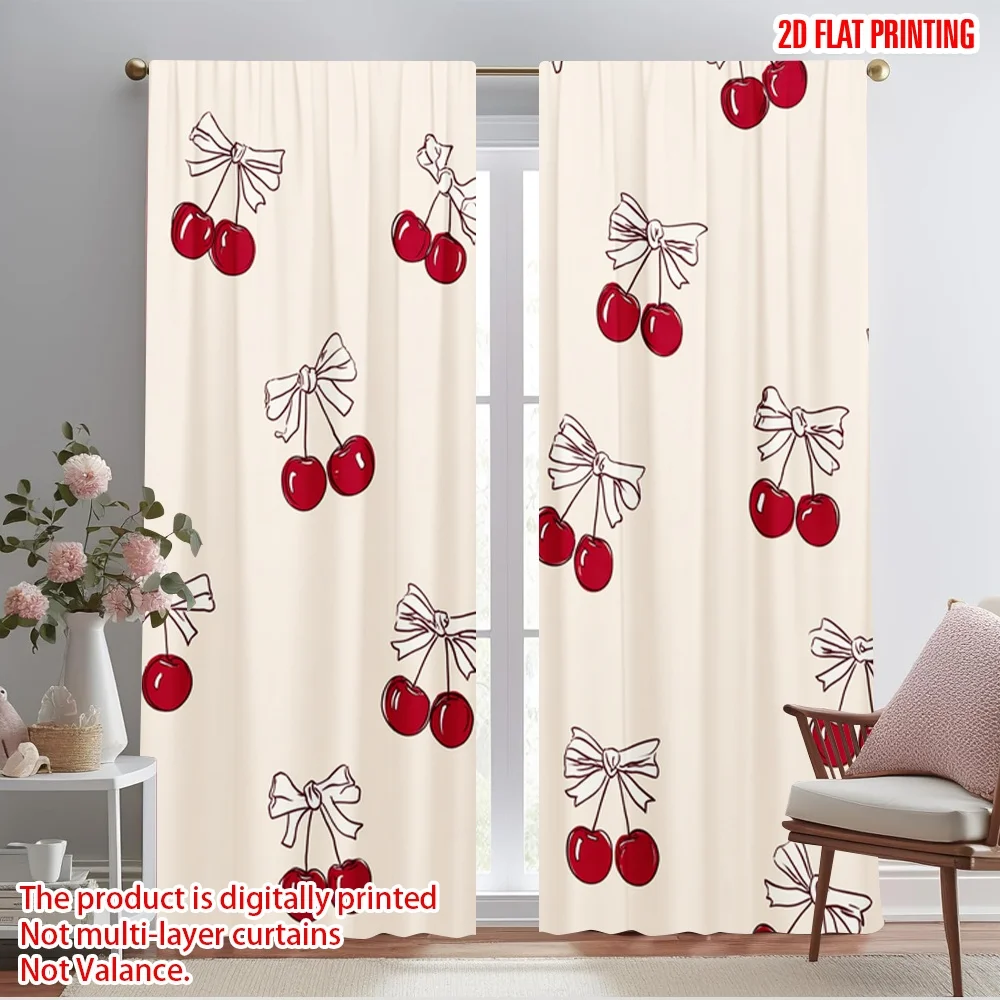 2pcs,2D plane printing Light Filtering Curtains Cherries and Bows Repeating Polyester Fabric (without rod) All Seasons Perfect