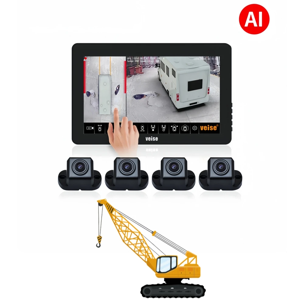 All-in-One 360 Panoramic Backup Camera Bird's-eye View BSD Alerts For Mobile Crane Excavator Dump Truck Construction Equipment
