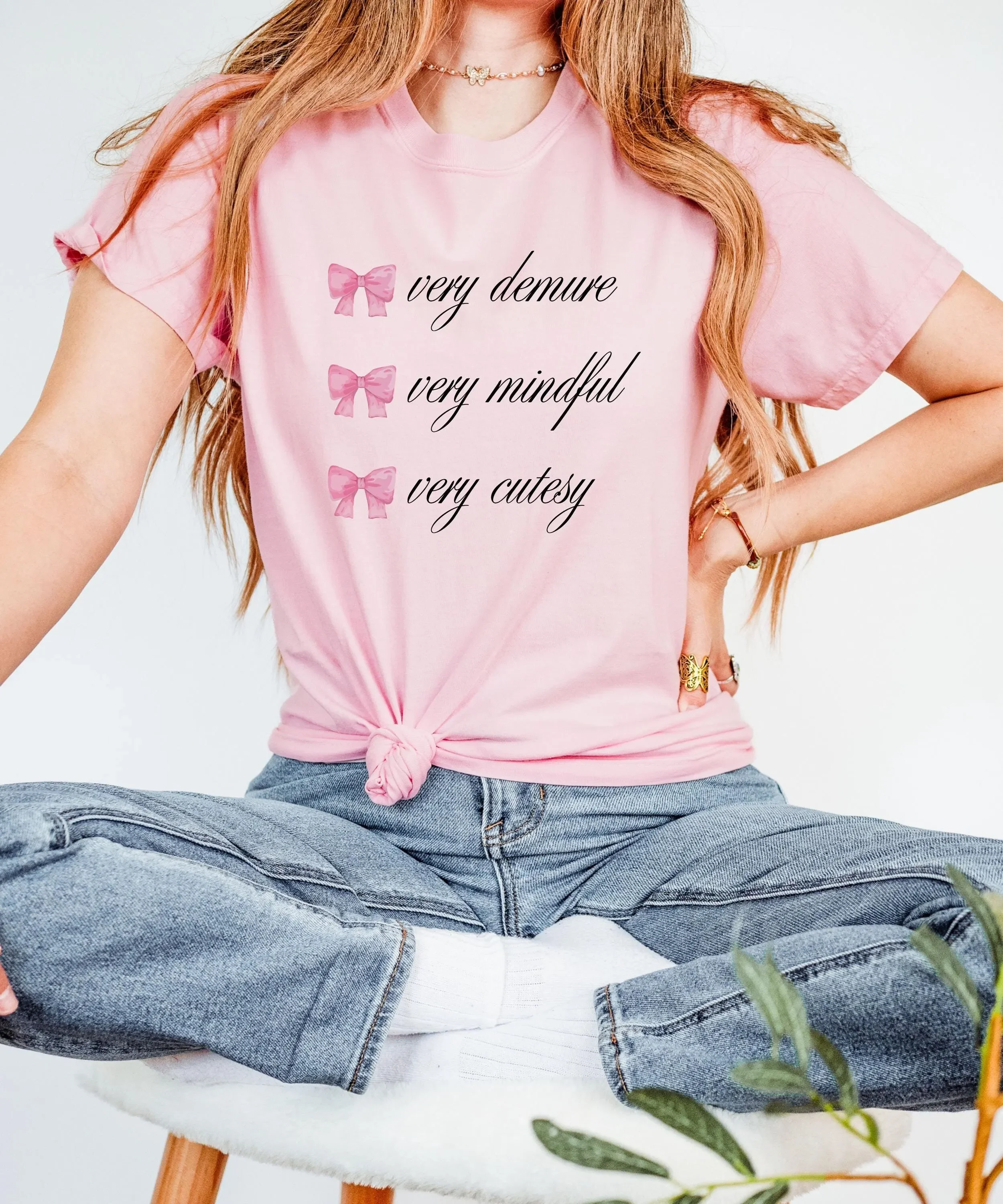 Very Demure Mindful Cutesy Coquette Pink Bows Soft Girl Feminine Strong Women Comfort Colors Heavy Weight Cotton T Shirt