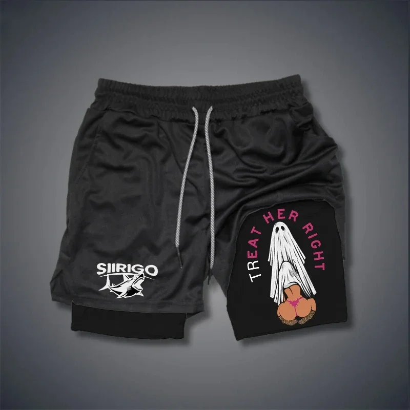 Dois-em-um esportes fantasma impressão respirável shorts, adequado para homens de dupla camada de corrida, secagem rápida esportes