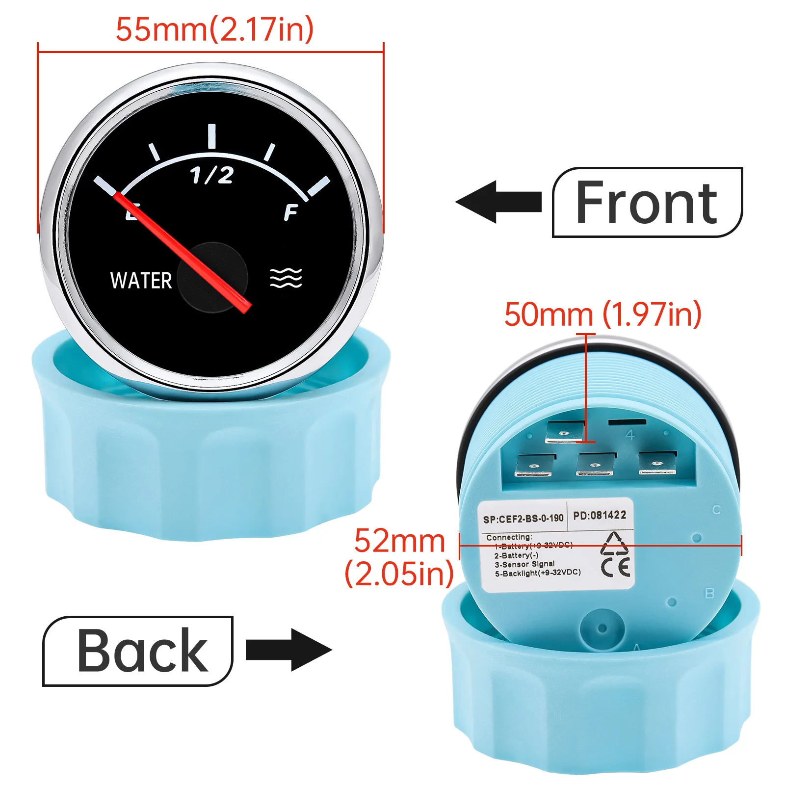 52MM Water Level Gauge with Water Level Sensor 0-190 Ohm Sensor Water Level Meter Tank Indicator with Red Backlight