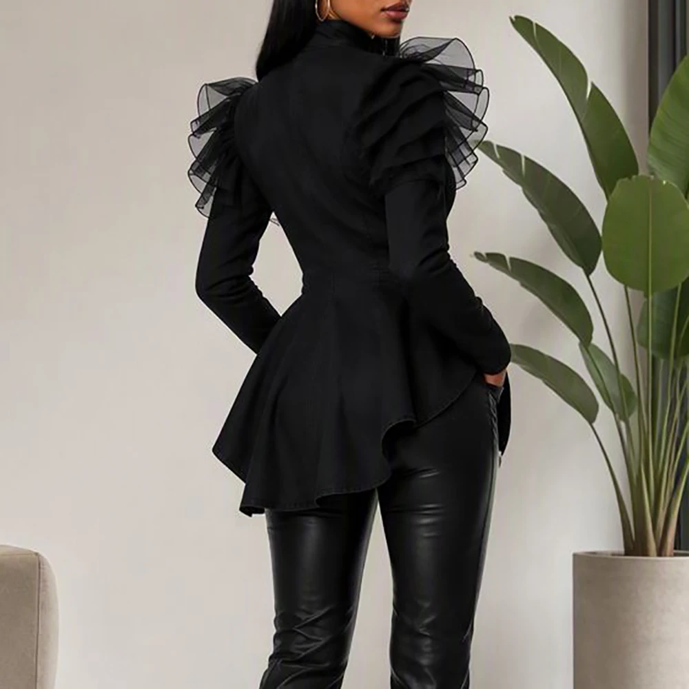 Women‘s Faux Denim Vintage Jacket Crew Neck Zipper Tulle Ruffle Shoulder Long Sleeve Slim Fit Irregular Tail Hem Party Outerwear