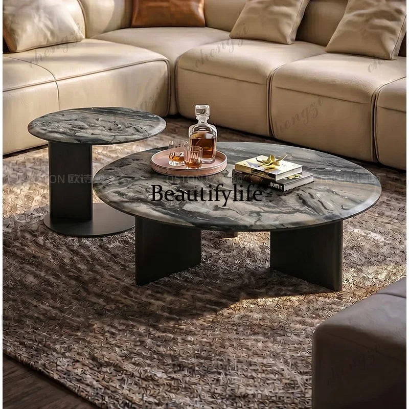 A68Venice brown luxury stone coffee table Italian light luxury living room natural marble coffee table round combination