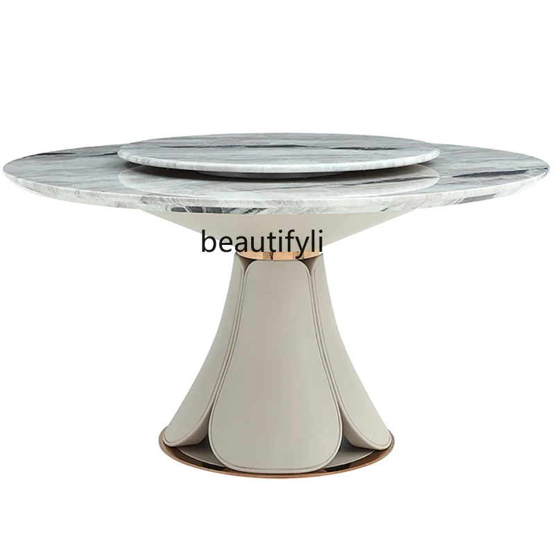 

Italian Light Luxury Stone Plate Dining Tables and Chairs Set Small Apartment Solid Wood Simplicity Marble round Modern