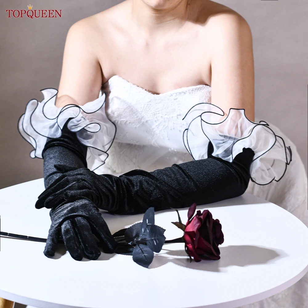 TOPQUEEN Black Bridal Elbow Gloves Organza Flower Border Vintage Aesthetic Gloves Stage Performance Party Accessory T02